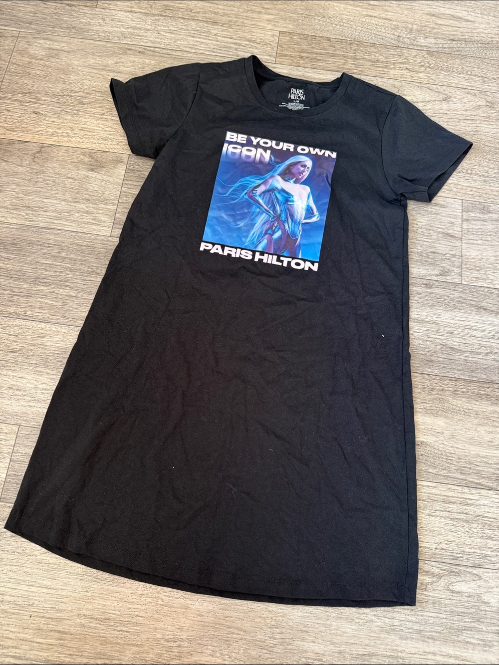 Paris Hilton Black Graphic Tee Dress with Blue & Purple Artwork